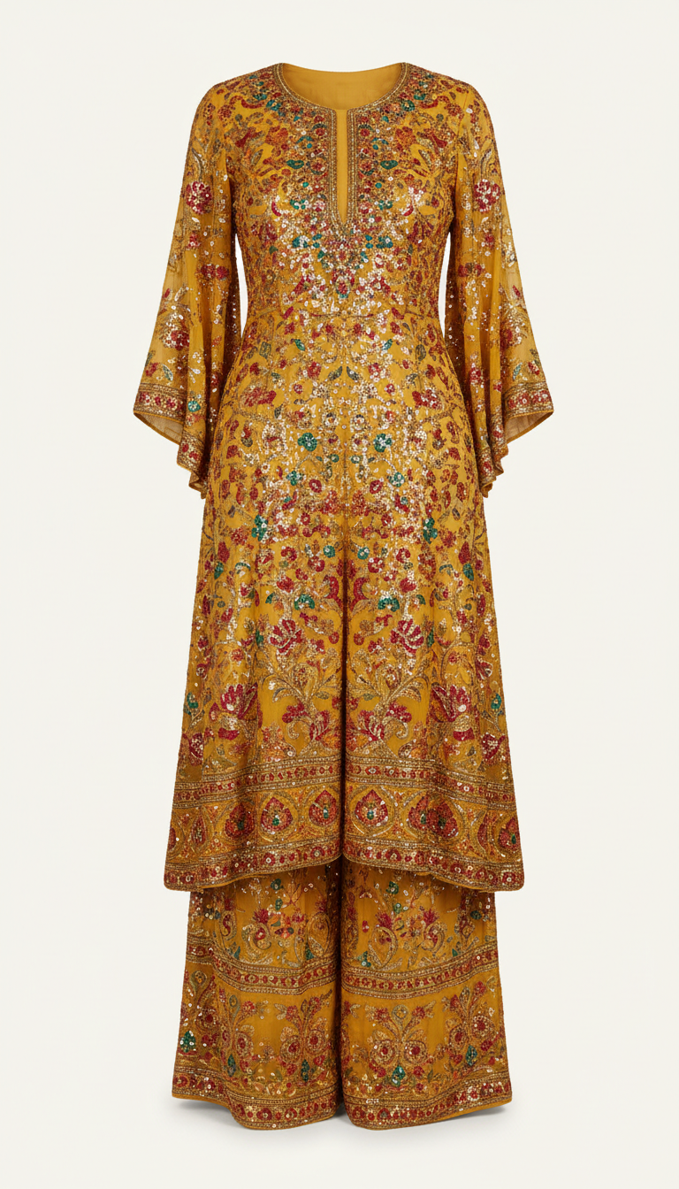 Marigold Gold Georgette Suit with Sequin Neckline