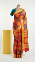 Vermilion Red Silk Saree With Graphic Print