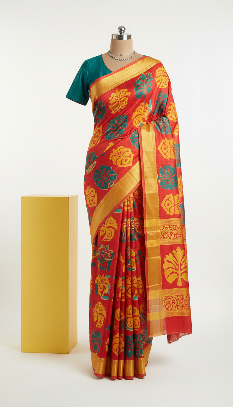 Vermilion Red Silk Saree With Graphic Print