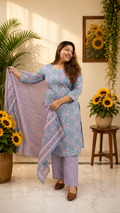 Dusty Blue Floral Print Suit Set - dupatta draped over shoulder