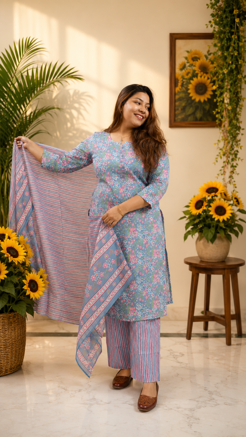 Dusty Blue Floral Print Suit Set - dupatta draped over shoulder