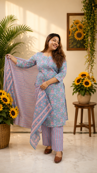 Dusty Blue Floral Print Suit Set - dupatta draped over shoulder