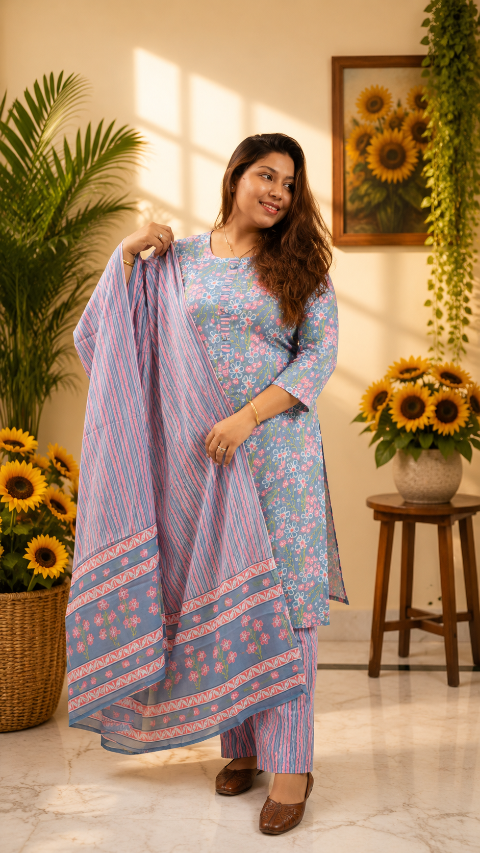 Dusty Blue Floral Print Suit Set - dupatta spread open