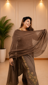 Mocha Brown Floral Embroidered Suit Set - front view with dupatta draped