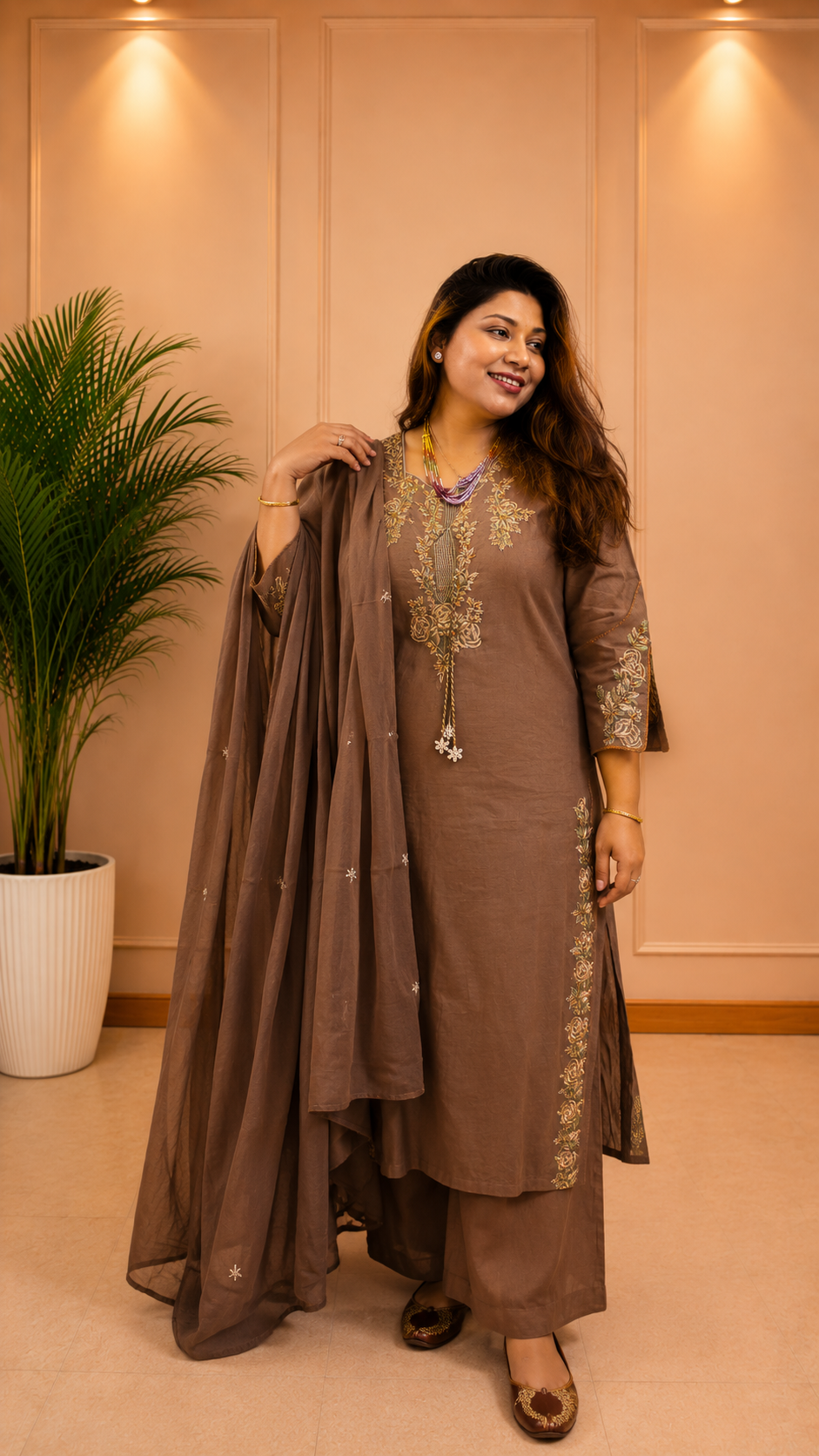 Mocha Brown Floral Embroidered Suit Set - styled with dupatta over shoulder