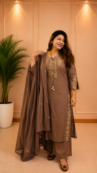 Mocha Brown Floral Embroidered Suit Set - styled with dupatta over shoulder