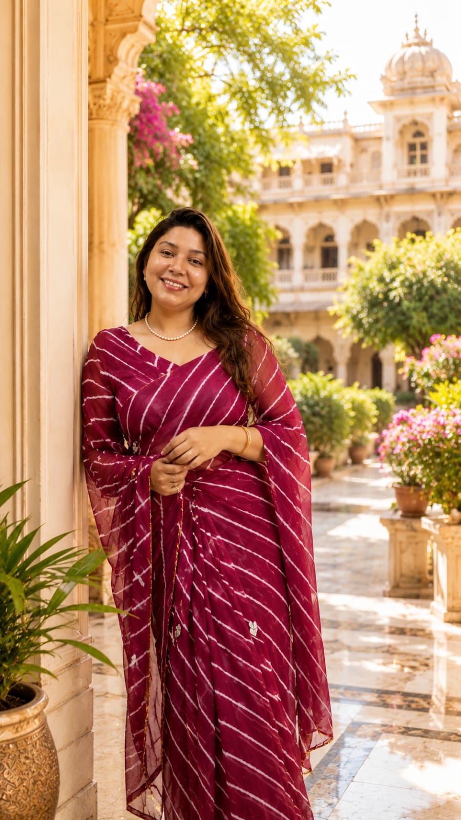 Leheriya Tie-Dye Organza Saree - Wine Maroon