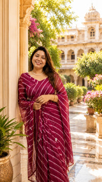 Leheriya Tie-Dye Organza Saree - Wine Maroon