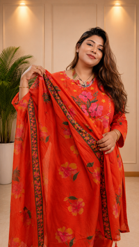 Sunset Orange Floral Print Suit Set - front view holding dupatta