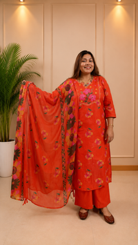 Sunset Orange Floral Print Suit Set - full outfit with dupatta spread