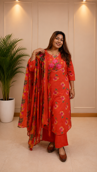 Sunset Orange Floral Print Suit Set - dupatta draped over shoulder