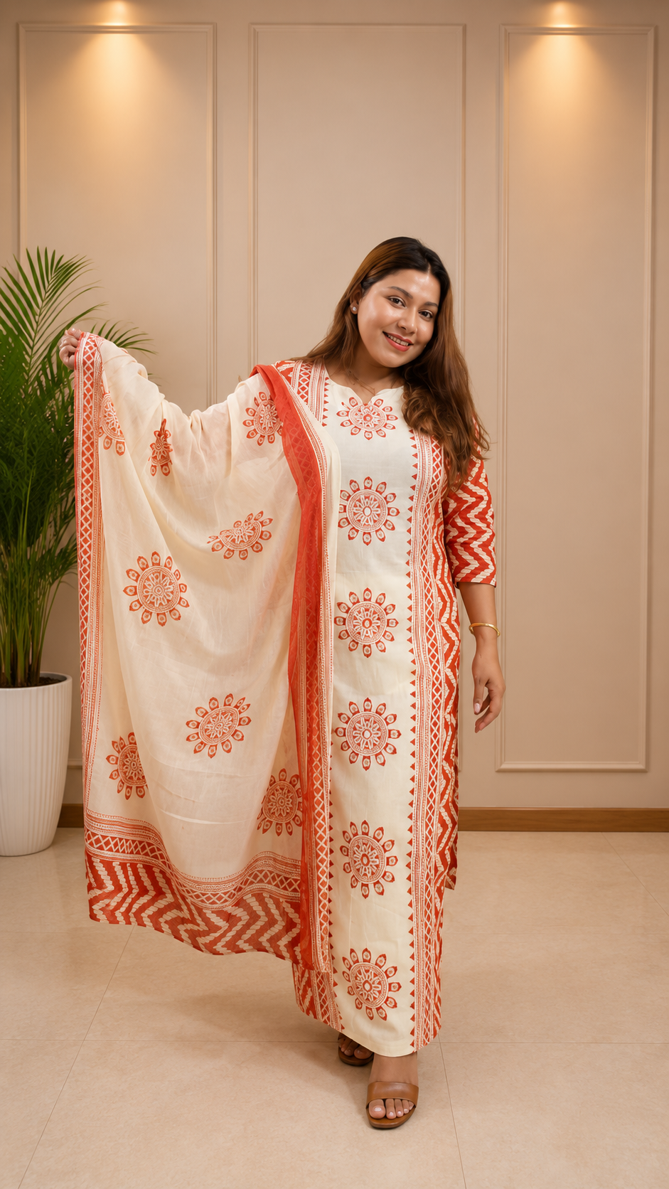 Ivory Rust Hand Block Print Suit Set - front view with dupatta