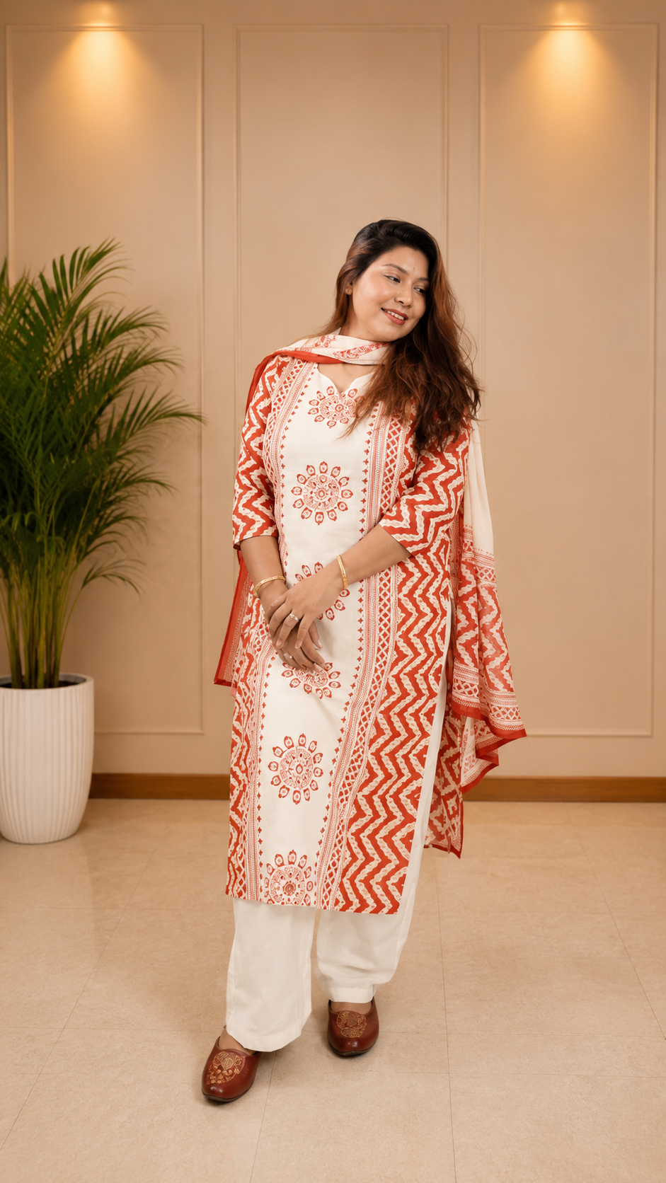 Ivory Rust Hand Block Print Suit Set - full outfit with dupatta spread