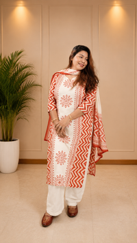 Ivory Rust Hand Block Print Suit Set - full outfit with dupatta spread