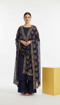 Indigo Ink Chiffon Suit With Embroidered Dupatta