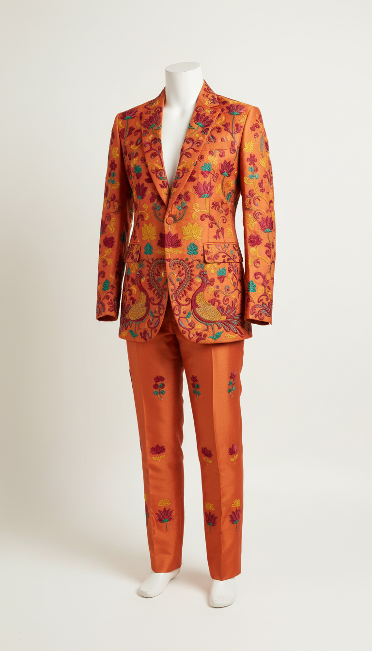 Spice Orange Embroidered Suit with Festive Motifs
