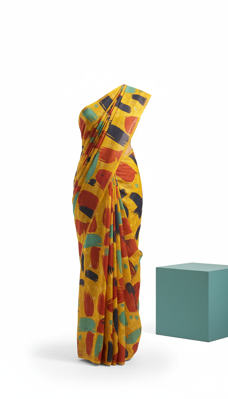 Sunlit Yellow Cotton Blend Saree With Artist Print