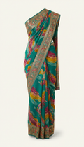 Teal Silk Chiffon Saree with Layered Prints