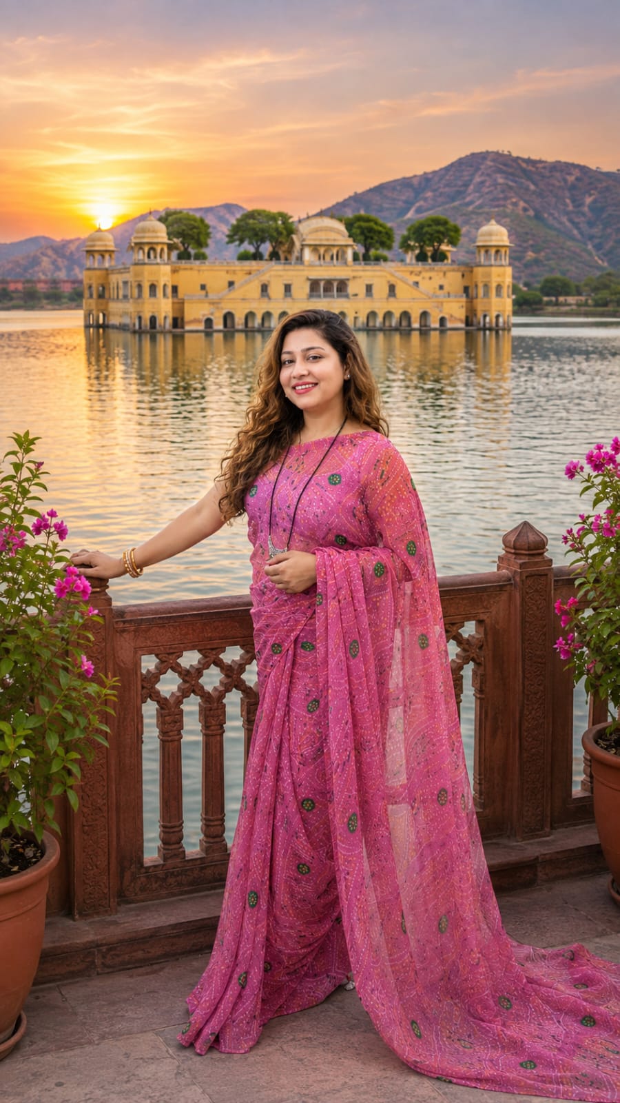 Rani Pink Bandhani Georgette Saree — sunset by Jal Mahal