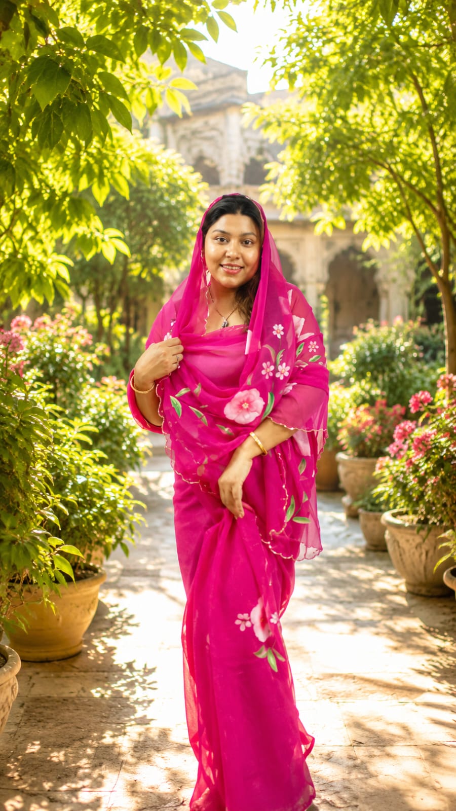 Hand-Painted Floral Organza Saree - Hot Pink
