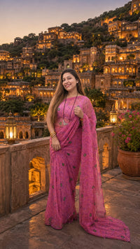 Rani Pink Bandhani Georgette Saree — evening drape at Neemrana Fort Palace