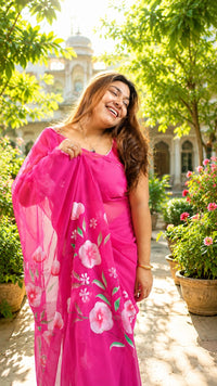 Hand-Painted Floral Organza Saree - Rani Pink